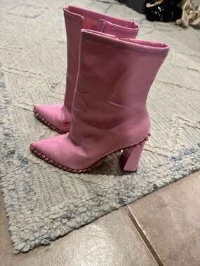Steve Madden Pink Patent Pointed-Toe Mid-Calf Heeled Boots with Rhinestone Trim